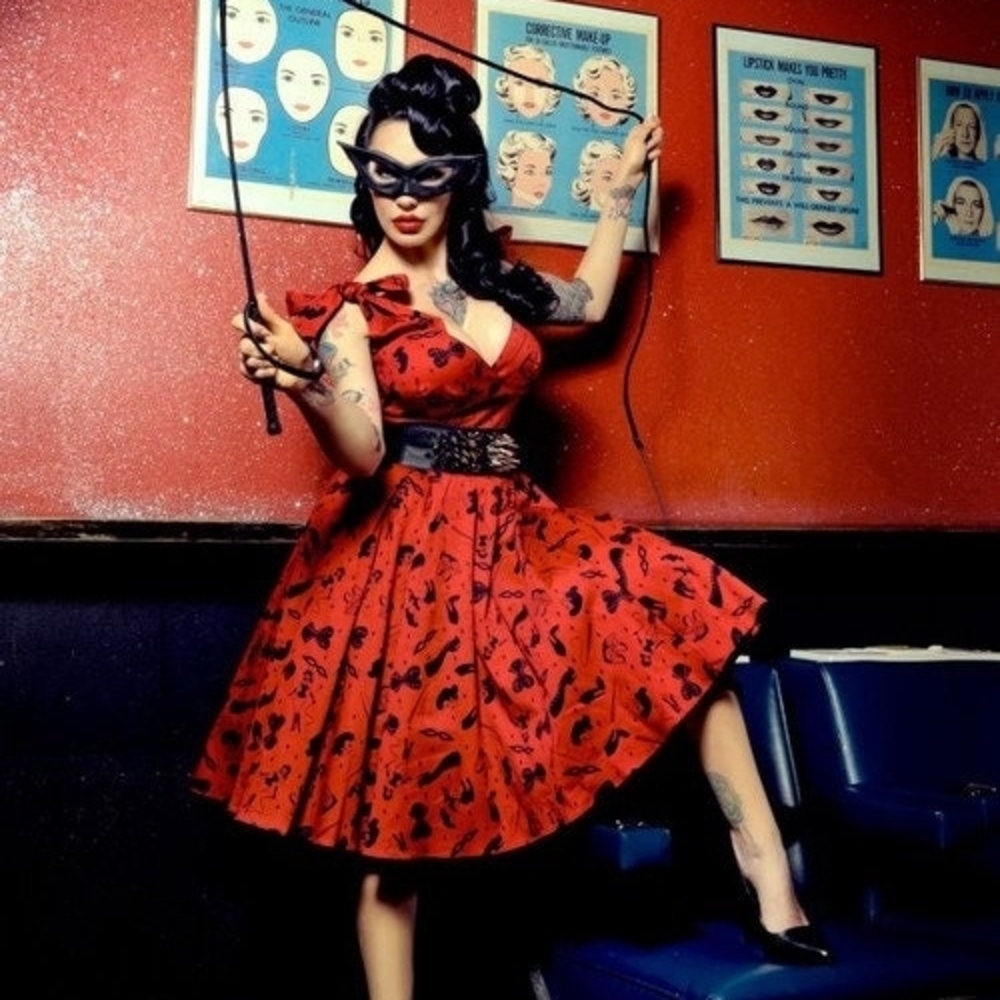 Vintage Red Midi Dress with Black Patterns